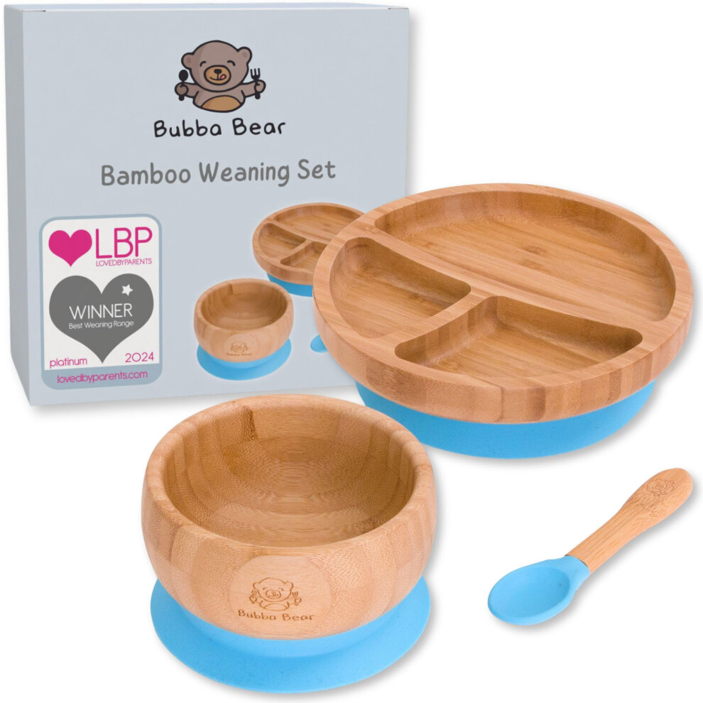 Bubba Bear ? Baby Bamboo Suction Bowl, Plate & Spoon Set | Stay Put Toddler Led Feeding Bowls & Plates | Guide To Weaning Ebook