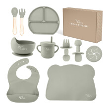 Yum Yum's Baby 10 Pcs Grey Weaning Set - Complete Toddler Feeding Kit w/Sectioned Plate, Suction Bowls, Cutlery with Mouth Guard, Straw Cup, Bib & Mat