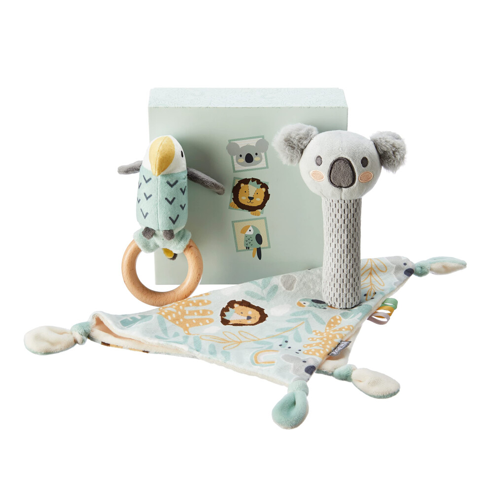 Nuby Animal Adventures Baby Gift Set ? 3-Piece Keepsake Set | Comforter, Squeaker & Rattle | Gift Box Included | Suitable from Birth Multicolour