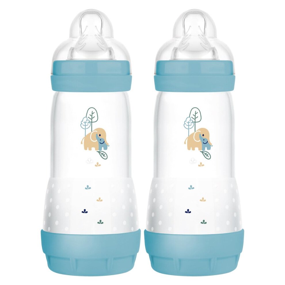 MAM Easy Start Anti-Colic Baby Bottles | 2 Pack (2 x 320ml) | Self-Sterlising | Fast Flow MAM Teats Size 3 | Baby Accessories | Blue (Various Designs)