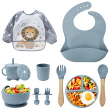 Baby Weaning Set, 11PCS Silicone Baby Plate with Suction Cup, Silicone Baby Bib, Spoon, Fork & Sippy Cup, Baby Tableware - Baby Dinnerware Set, Baby