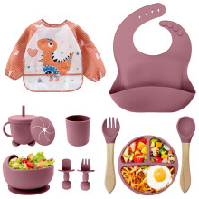 Baby Weaning Set, 11PCS Silicone Baby Plate with Suction Cup, Silicone Baby Bib, Spoon, Fork & Sippy Cup, Baby Tableware - Baby Dinnerware Set, Baby
