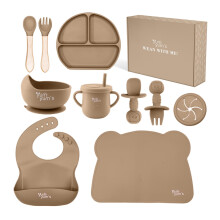 Yum Yum's Baby 10 Pcs Mocha Weaning Set - Complete Toddler Feeding Kit w/Sectioned Plate, Suction Bowls, Cutlery with Mouth Guard, Straw Cup, Bib &