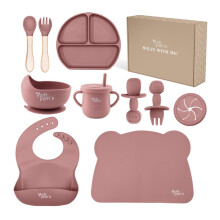 Yum Yum's Baby 10 Pcs Pink Weaning Set - Complete Toddler Feeding Kit w/Sectioned Plate, Suction Bowls, Cutlery with Mouth Guard, Straw Cup, Bib & Mat