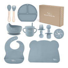 Yum Yum's Baby 10 Pcs Blue Weaning Set - Complete Toddler Feeding Kit w/Sectioned Plate, Suction Bowls, Cutlery with Mouth Guard, Straw Cup, Bib & Mat