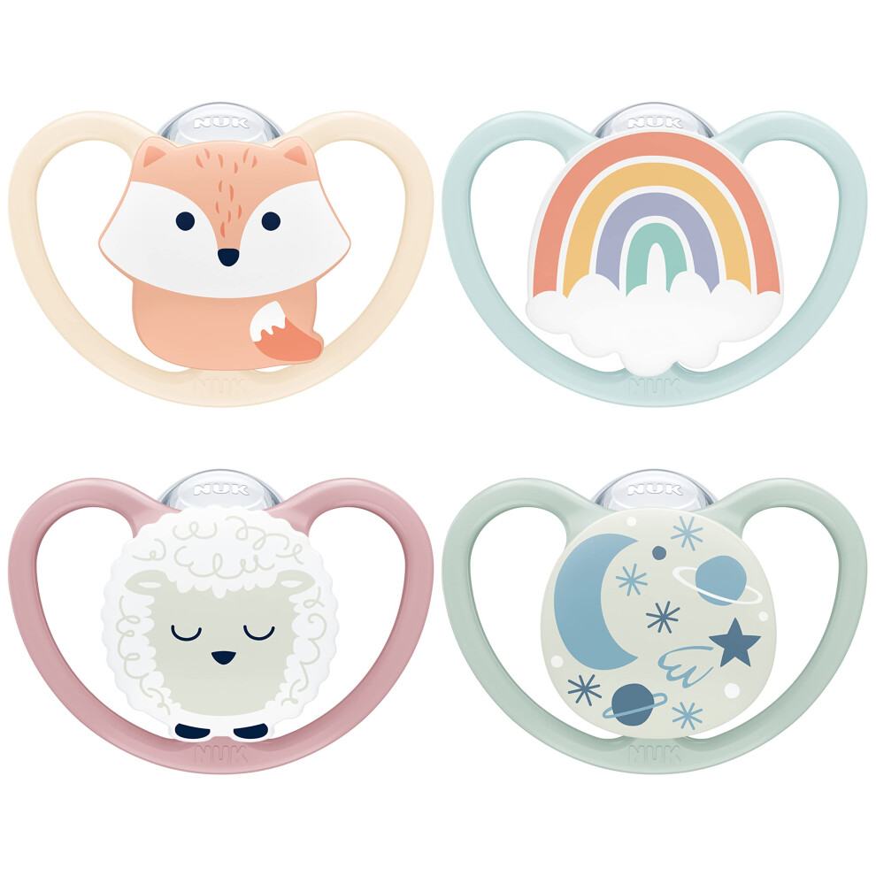Nuk Space Day & Night Baby Dummy | 0-6 Months | Glow-In-The-Dark Soothers With Extra Ventilation For Sensitive Skin | Bpa-Free Silicone | Fox & Sheep