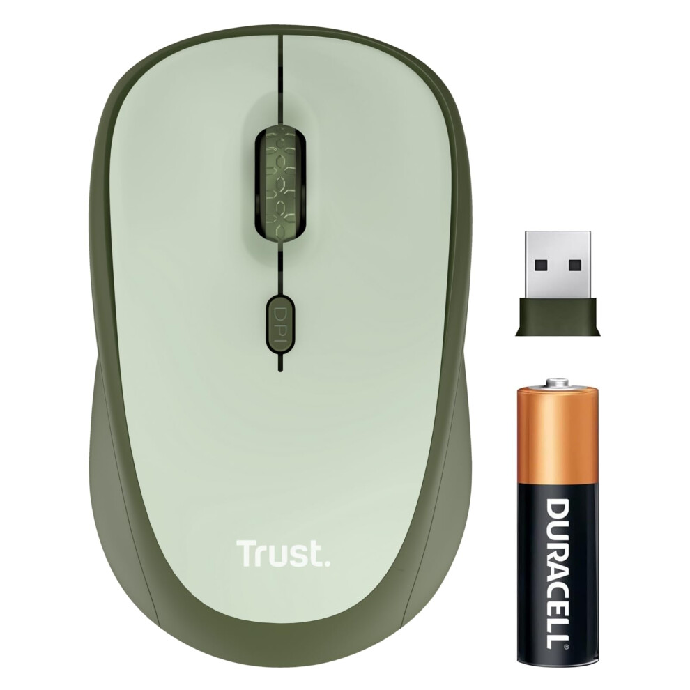 Trust Yvi+ Silent Wireless Mouse, Sustainable Design, 800-1600 Dpi, For Left And Right Hand Users, Storable Usb Micro Receiver, Quiet Compact Computer Green 8000000700155