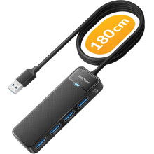 USB 3.0 Hub With Extended 180cm Long Cable, 4 Port USB Hub 3.0 Ultra Slim USB Splitter Multi USB Port adapter, USB Extension Hub Multiport Adapter for