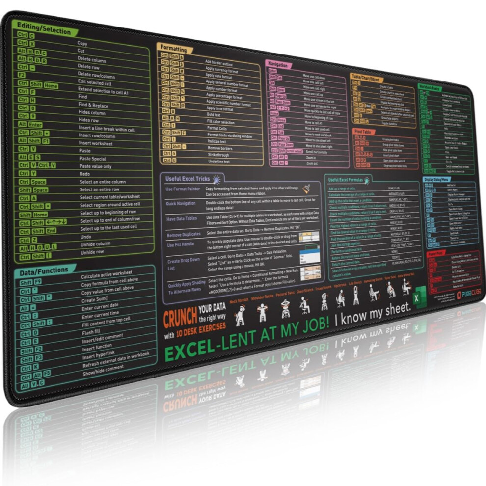Excel Shortcut Keys Mouse Pad - Extended Large Xxl Cheat Sheet Gaming Mousepad | Pc Office Spreadsheet Keyboard Mat | Non-Slip Stitched Edge 8000000702074