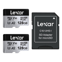 Lexar Silver Plus 128GB 2-Pack Micro SD Card up to 205 MB/s, MicroSDXC UHS-I Memory Card with Adapter, C10, U3, A2, V30, Full HD, 4K UHD, High Speed