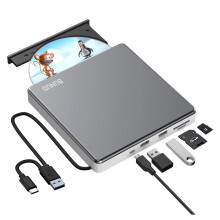 External CD DVD Drive, USB 3.0 & Type-C Portable CD/DVD +/-RW ROM Burner Rewriter with SD/TF & 2 USB Ports, Slim Optical DVD Player for Laptop Mac