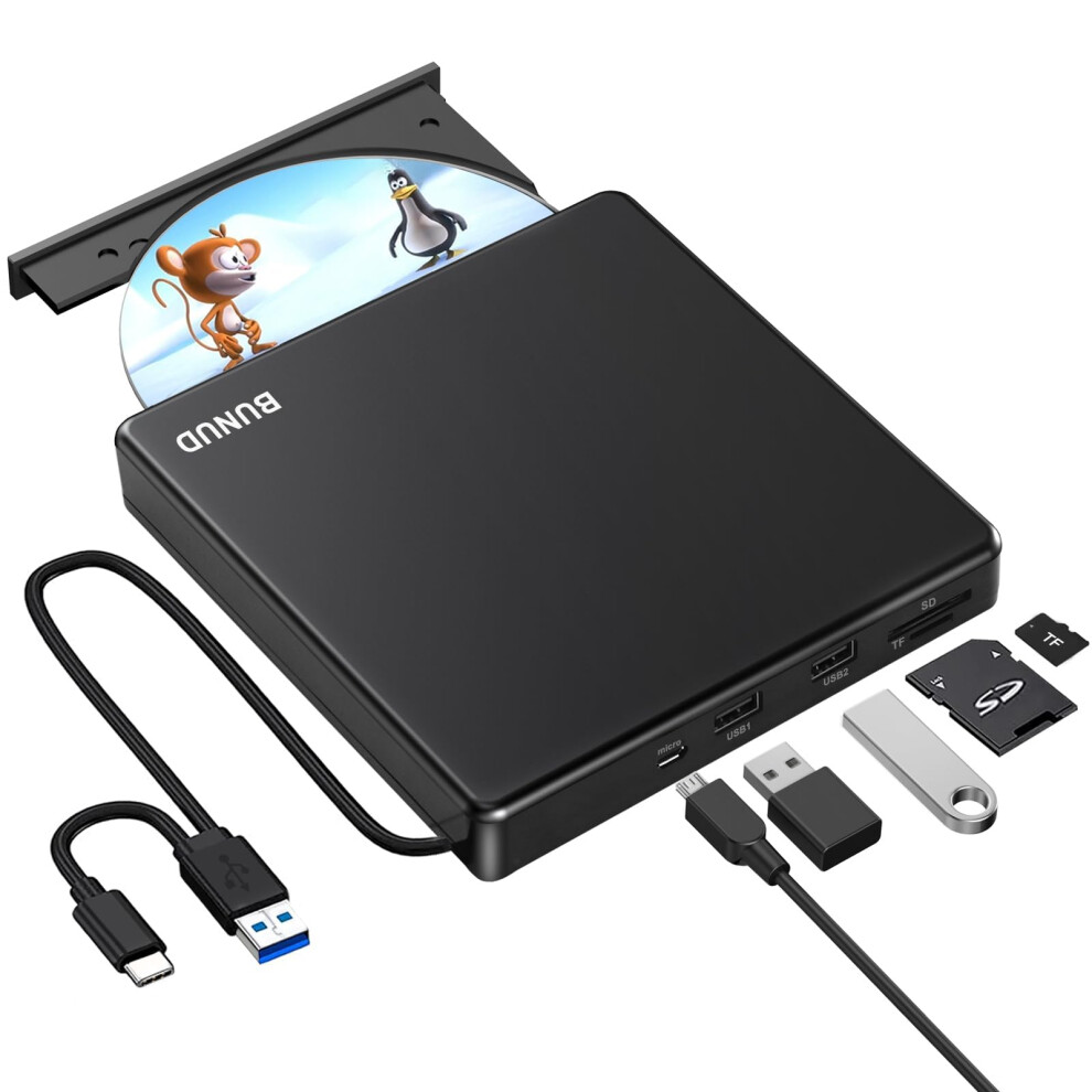 External Cd Dvd Drive, Usb 3.0 & Type-C Cd/Dvd +/-Rw Rom Burner Writer Rewriter With Sd/Tf & Usb Ports, Optical Disc Drive Dvd Player For Laptop Pc 8000000707888