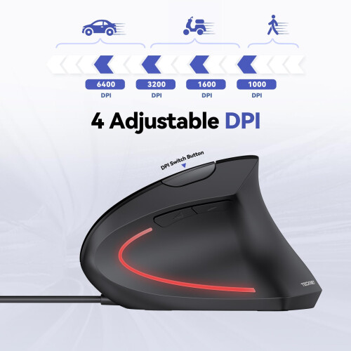 TeckNet TECKNET Wired Ergonomic Mouse, 6400DPI Wired Vertical Mouse 6-Button Silent Mouse with 4 Adjustable Levels DPI, 1.5 m USB Cable Optical WiredMouse for 1