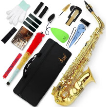 Slade Gold Brass Eb Alto Saxofoon Kit voor Beginners en Volwassenen - Inclusief Reinigingsdoekje, Rietclip Trimmer, Band en Handschoenen