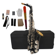 Eb Alt Saxofoon: Strakke zwarte messing body met witte schelp-toetsen - inclusief draagtas, handschoenen en schoonmaakdoekje