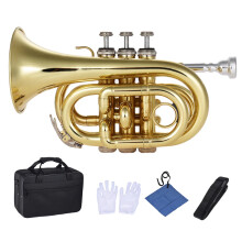Compact Bb-flat messing pockettrompet met accessoires - mondstuk, handschoenen, schoonmaakdoekje en draagtas inbegrepen