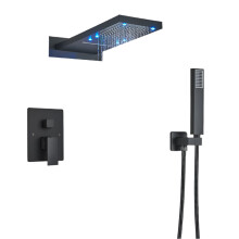 Matte zwarte muurmontage LED waterval douchekraanset - 3-weg messing mengkraan voor badkuip, warm en koud bediening