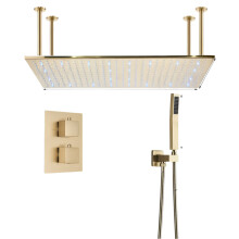 Luxe geborsteld goud LED thermostatische douchekraanset met 40-80 cm plafond regen douchekop en verborgen installatie badkamermengkraan
