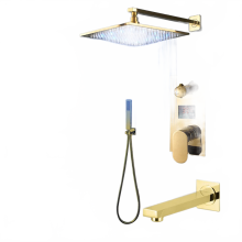 Gouden gepolijste LED regen douche systeem met digitale display en drievoudige weg LCD mengkraan