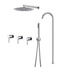 Strakke zwarte 3-in-1 douche systeem met regen douchekop en badkuipset op de vloer - opties van 8, 10 of 12 inch