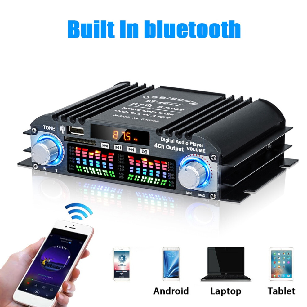 Amplificador De Audio Bluetooth BT-998 - 60Wx4, Radio FM, USB, SD, Para Coche O Casa