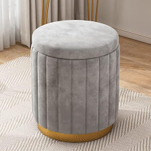 Round velvet storage ottoman, upholstered soft footrest stool with golden base, vanity stool with large capacity (Color: Gray) powerfully