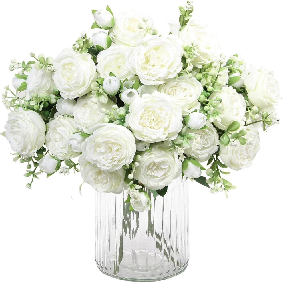 2 Bunches Artificial Peony Silk Flowers, White Faux Peonies Flower Bouquet for Wedding Party Centerpiece Home Decor