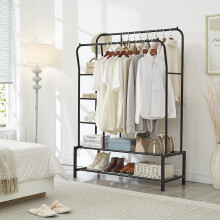 House of Home Black Metal Clothes Rail with Double Hanging & Storage Shelves