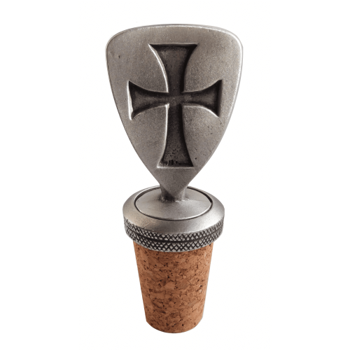 (Add a Gift Pouch) Knights Templar Cross Shield Pewter Bottle Stopper