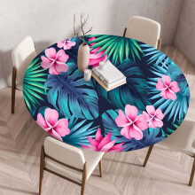 Round tablecloth waterproof with elastic band, 3D colorful tropical flowers leaves tablecloth washable polyester (style B,90cm)