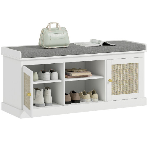 Homcom HOMCOM Shoe Bench, Boho Shoe Storage Bench with Padded Cushion, White 1