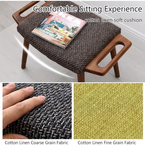MidCentury Modern Linen Footstool, Wooden Upholstered Stool (H39 cm) 2