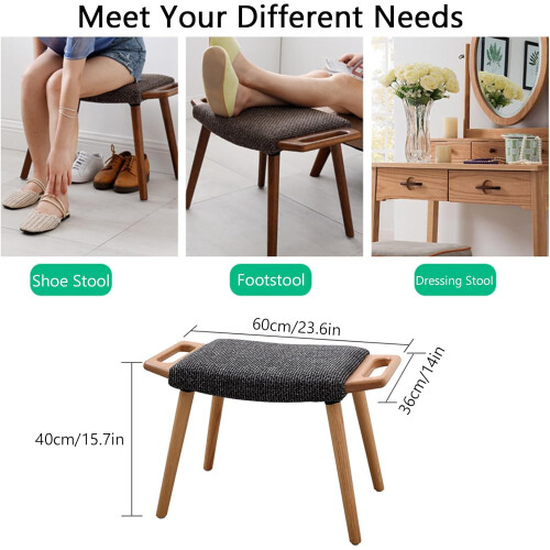 MidCentury Modern Linen Footstool, Wooden Upholstered Stool (H39 cm) 1