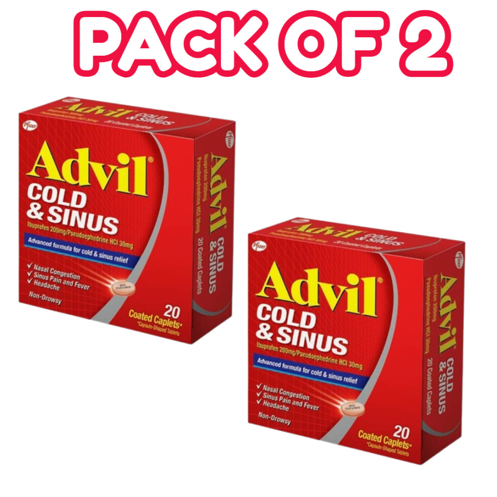 (PACK OF 2) Advil Cold & Sinus Coated Caplets Fast Relief for Nasal Congestion, Headache, Fever & Sinus Pressure - 20s