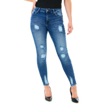 (28) Ladies Skinny Mid Rise Ripped Jeans - Dark Blue