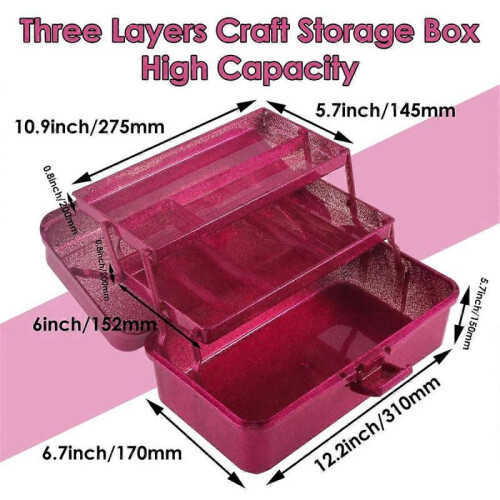 Glitter Pink & Craft Tool Storage Box,3-Layer Stackable Carry Tackle Box Sewing Box Organizer for Ar 2