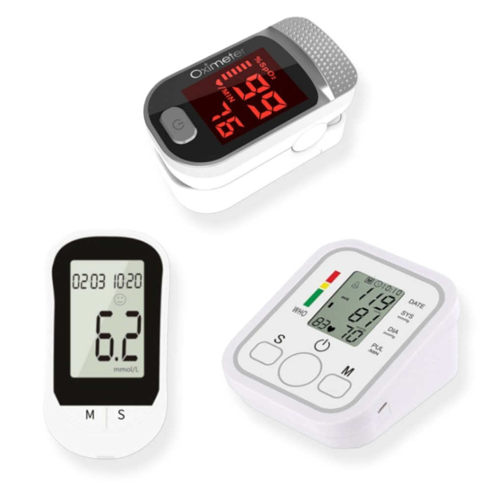 Portable smart set, home electronic blood pressure monitor + finger oximeter + blood glucose meter set