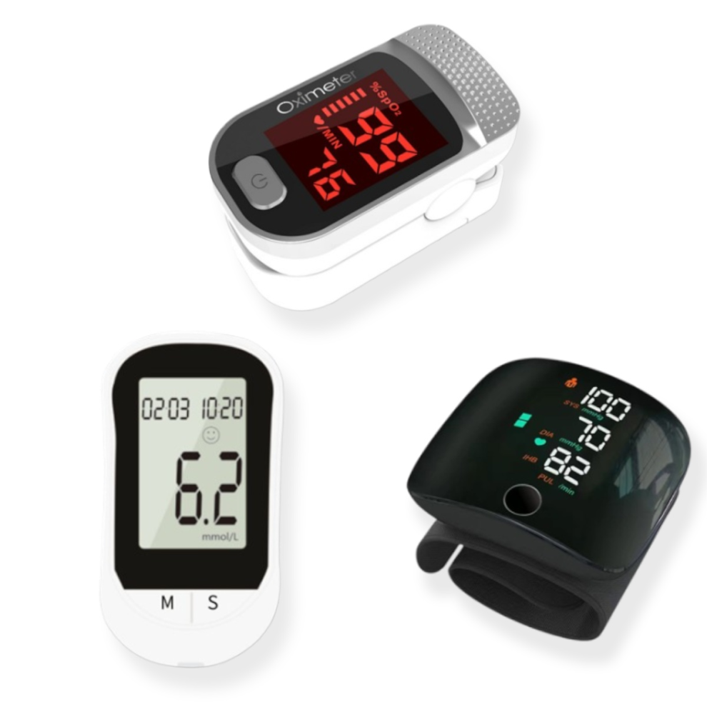 Portable electronic blood pressure monitor + finger oximeter + blood glucose meter set suitable for the elderly