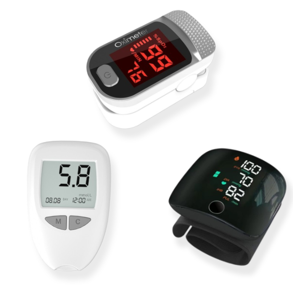 Home portable blood pressure monitor + finger oximeter + blood glucose meter set