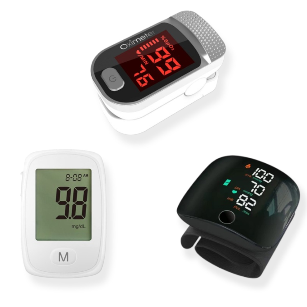 Portable blood pressure monitor + finger oximeter + blood glucose meter set for the elderly