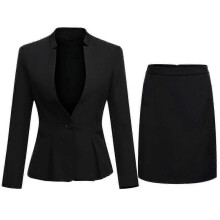 (S, Black) Women's 2-Piece Stand Collar Solid Color Business Suit - Office Lady Slim Professional Dress Set (Blazer + Skirt)