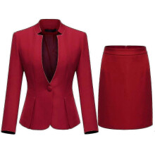 (2XL, Red) Women's 2-Piece Stand Collar Solid Color Business Suit - Office Lady Slim Professional Dress Set (Blazer + Skirt)