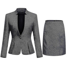 (XL, Grey) Women's 2-Piece Stand Collar Solid Color Business Suit - Office Lady Slim Professional Dress Set (Blazer + Skirt)