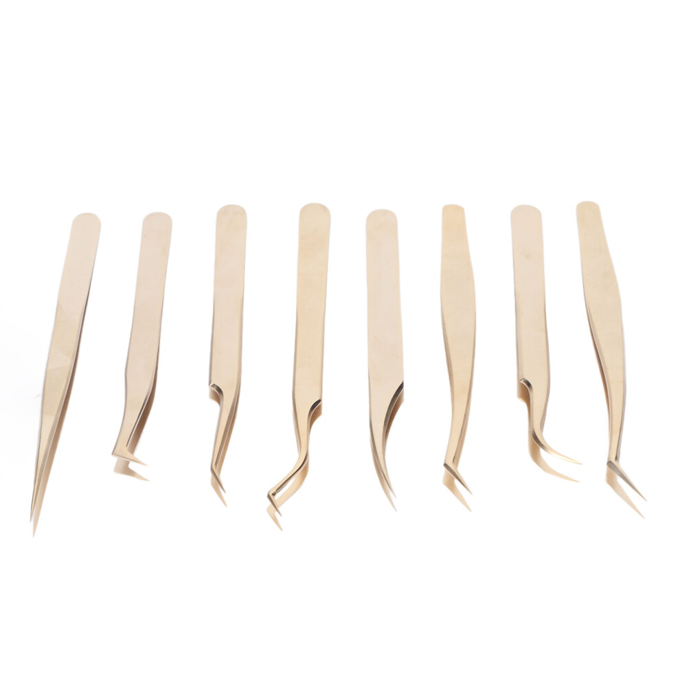 Gold 8Pcs Pearly Eyelash Tweezers Set Stainless Steel
