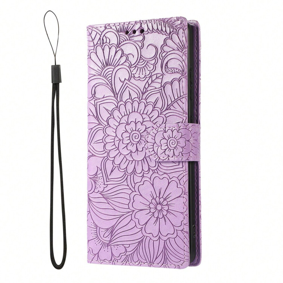 (, S24fe) Suitable For Samsung S23ultra Skin-Feel Embossed Three-Card Mobile Phone Leather Case S24fe Multi-Function Card Protective Shell A53 Purple 7606228097308