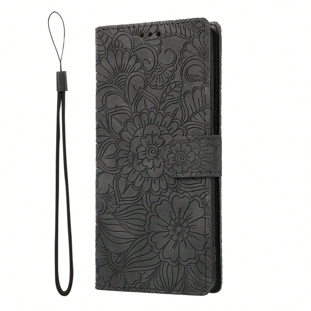(, Note8) Suitable For Samsung S23ultra Skin-Feel Embossed Three-Card Mobile Phone Leather Case S24fe Multi-Function Card Protective Shell A53 Black 7606228100404