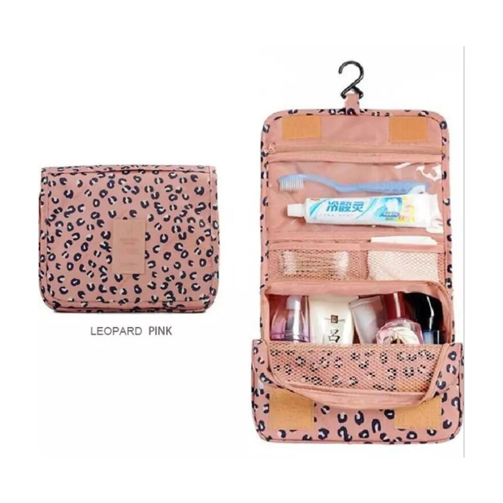 (Leopard Pink) Travel Cosmetic Storage MakeUp Bag Folding Hanging Toiletry Wash Organizer Pouch