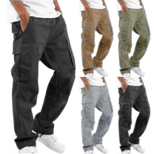 (3XL, Green) Cotton Linen Multi-pocket Casual Loose Baggy Long Cargo Pants_fi