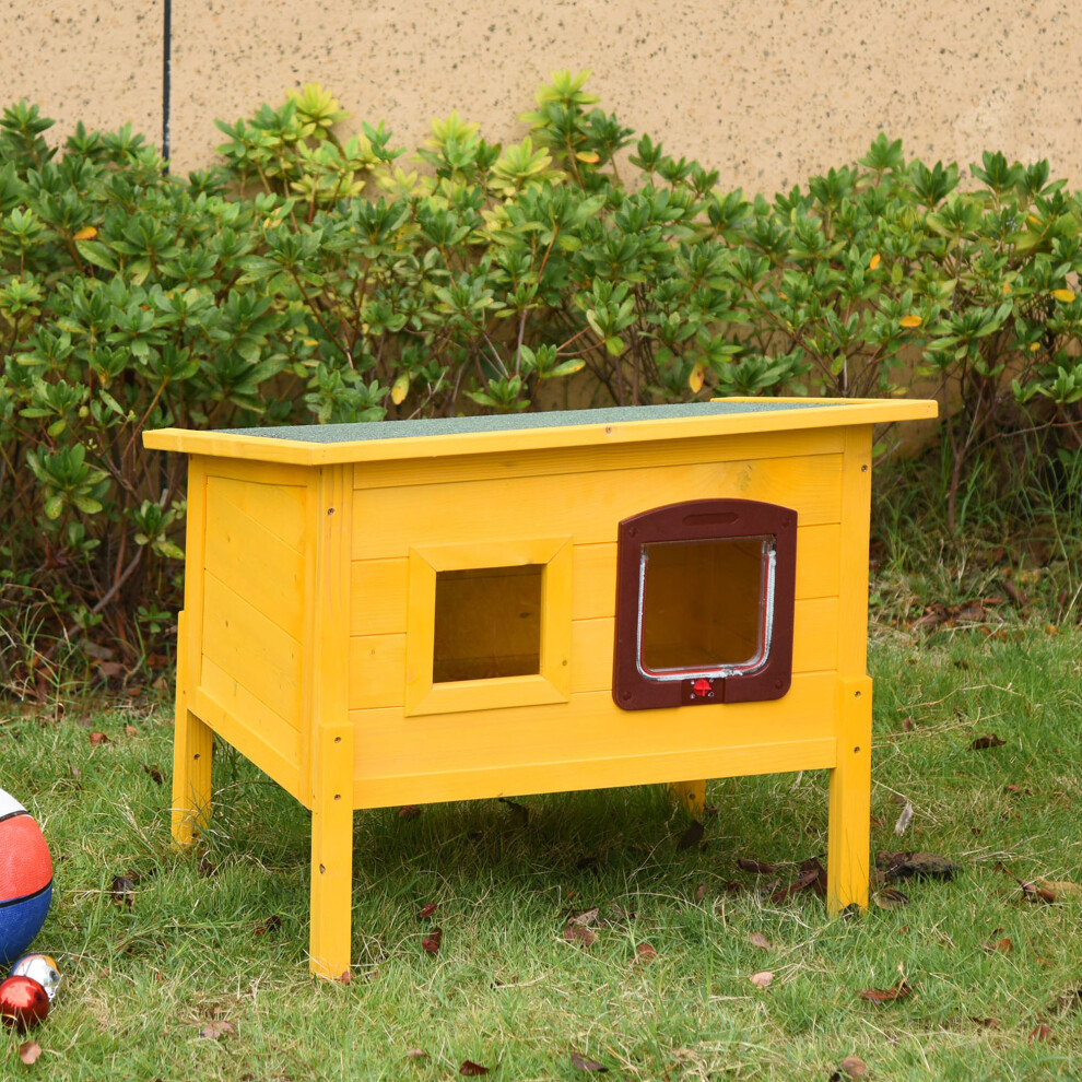 PAWHUT Wooden Cat House Pet Kitty Home Play Waterproof Outdoor Shelter in Yellow - Image 3