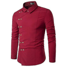 (2XL, Red) Men's Fashion Double Breasted Shirt Slim Fit Long Sleeved Shirt